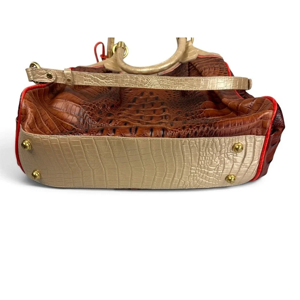 Brahmin Pecan Melbourne Croc Embossed Leather Satchel Gold Trim Brown Red Bag